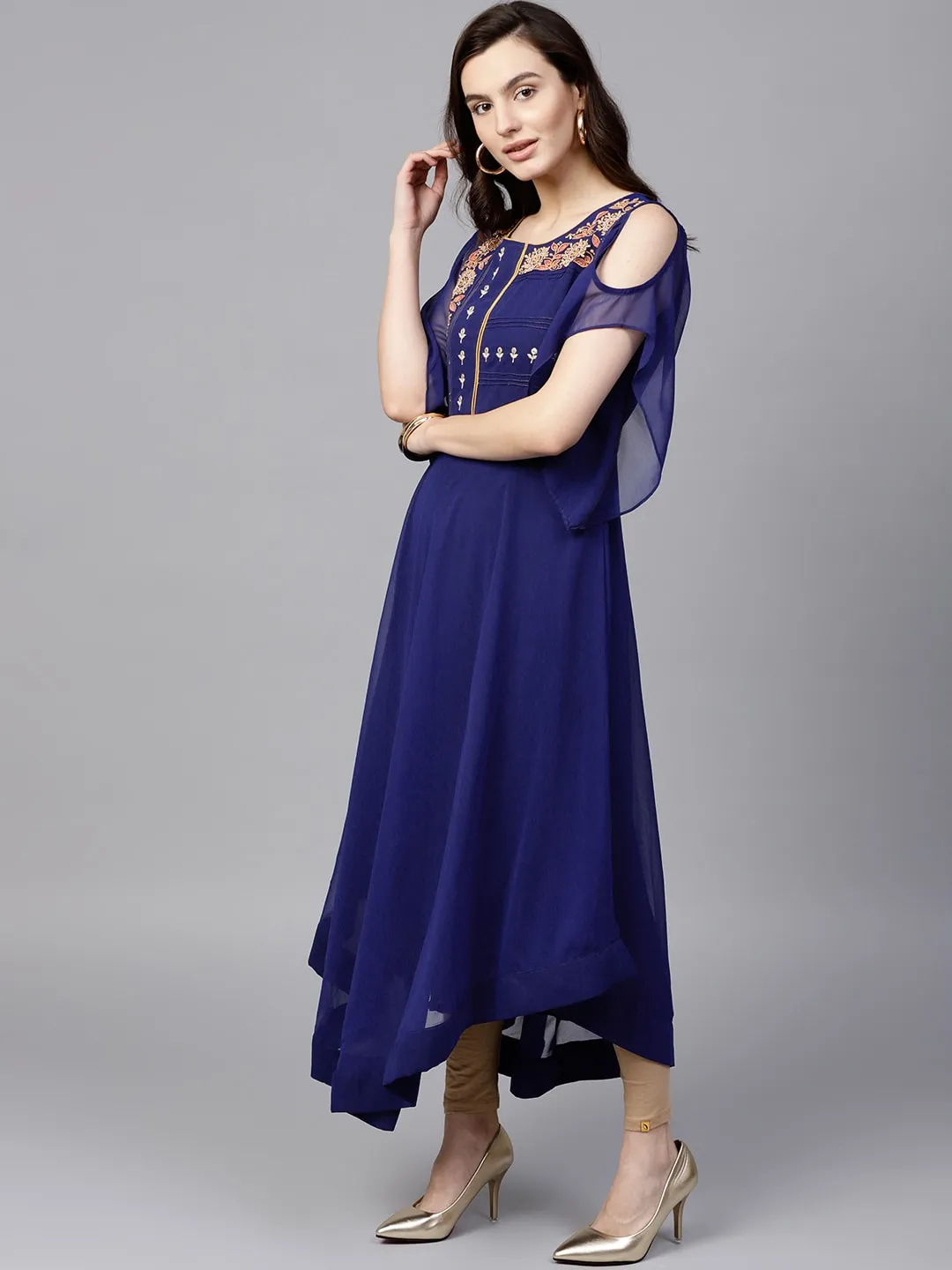 Blue Embroidered Sheer Asymmetric Kurta