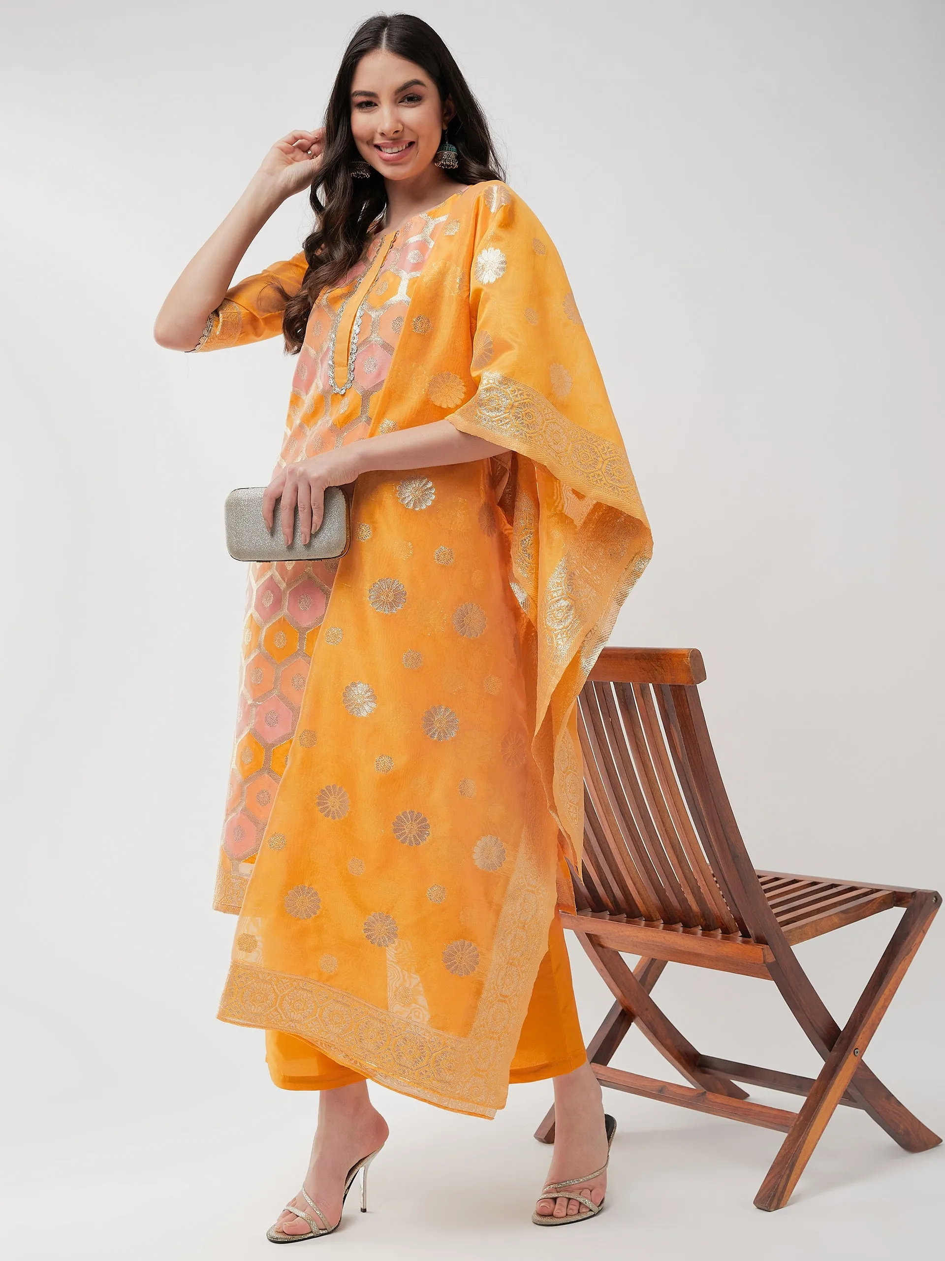 Brocade Jacquard Festive Kurta With Dupatta And Matching Pants