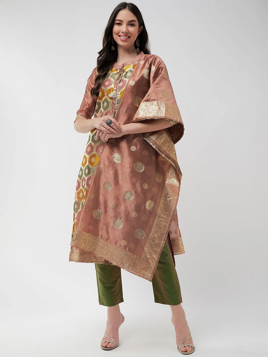 Brocade Jacquard Festive Kurta With Dupatta And Matching Pants