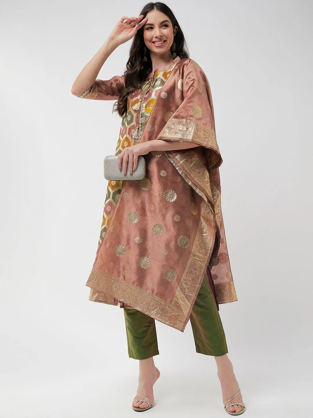 Brocade Jacquard Festive Kurta With Dupatta And Matching Pants