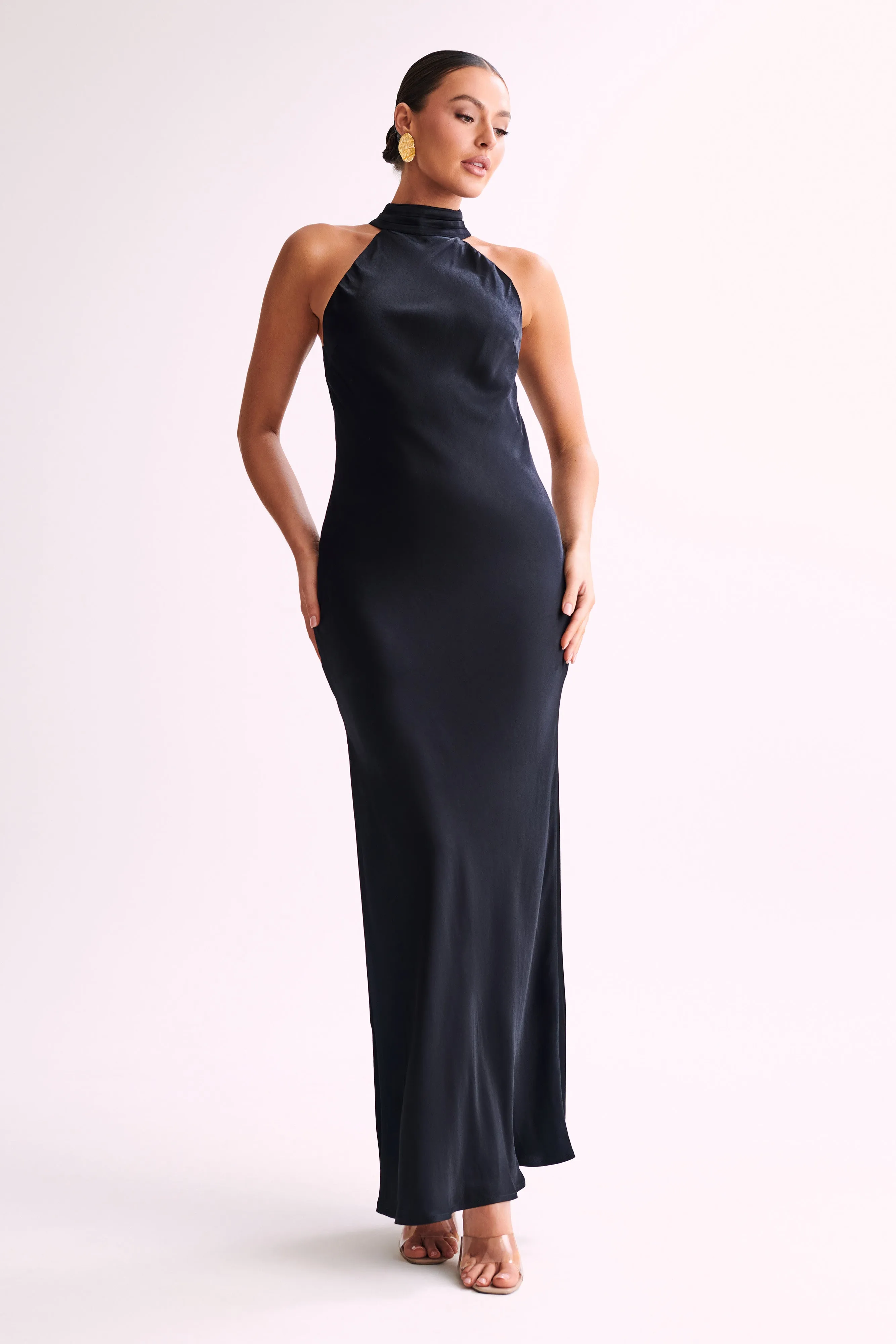 Claire Satin Drape Back Maxi Dress with Split - Black