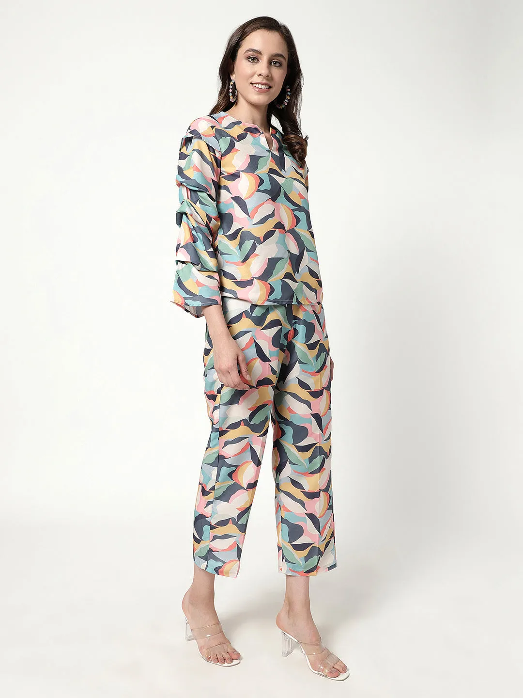 Digital Printed Pleated Top With Pant Set