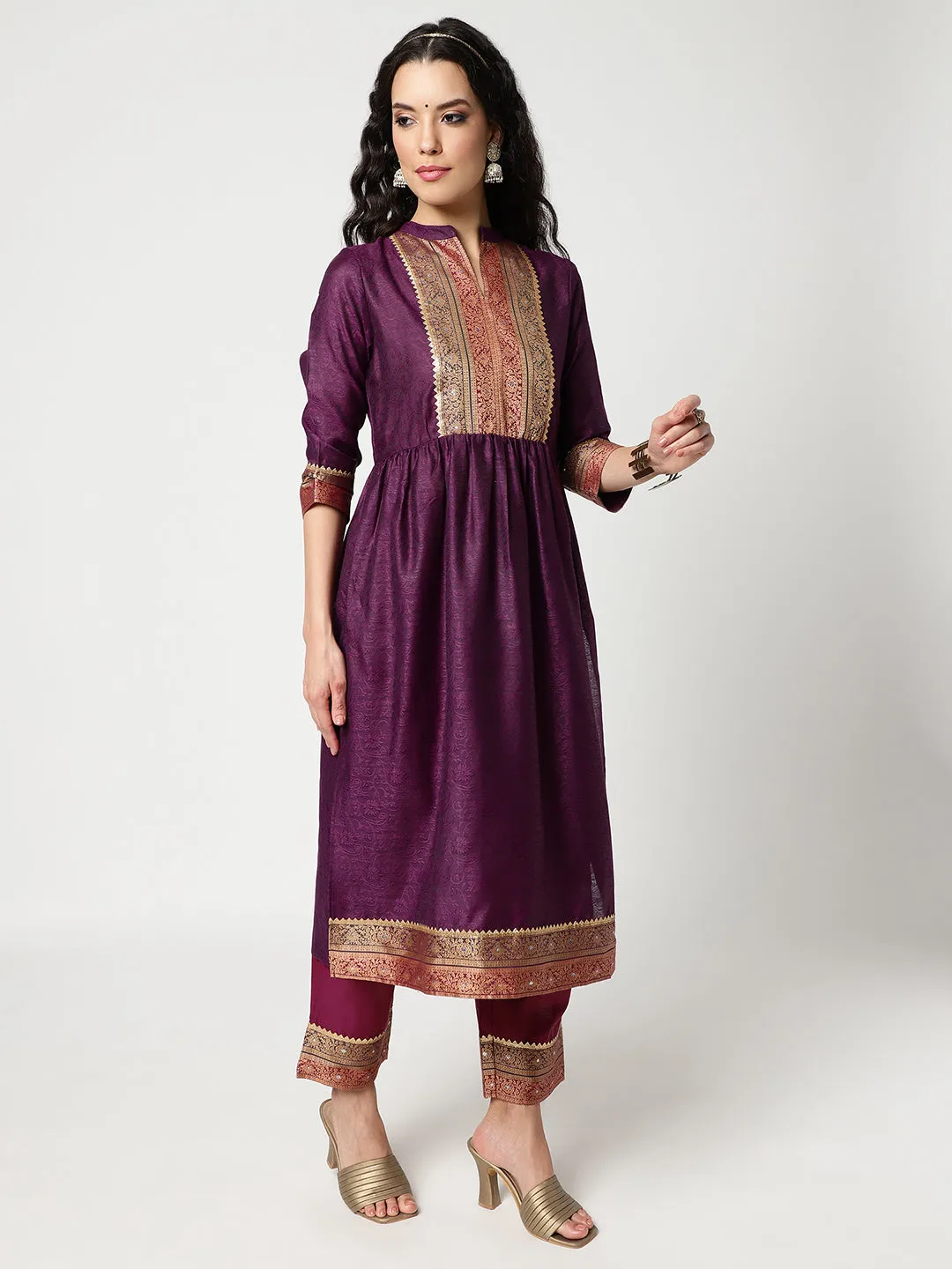 Festive Gathered Waistline Kurta With Straight Pant And Matching Dupatta Set