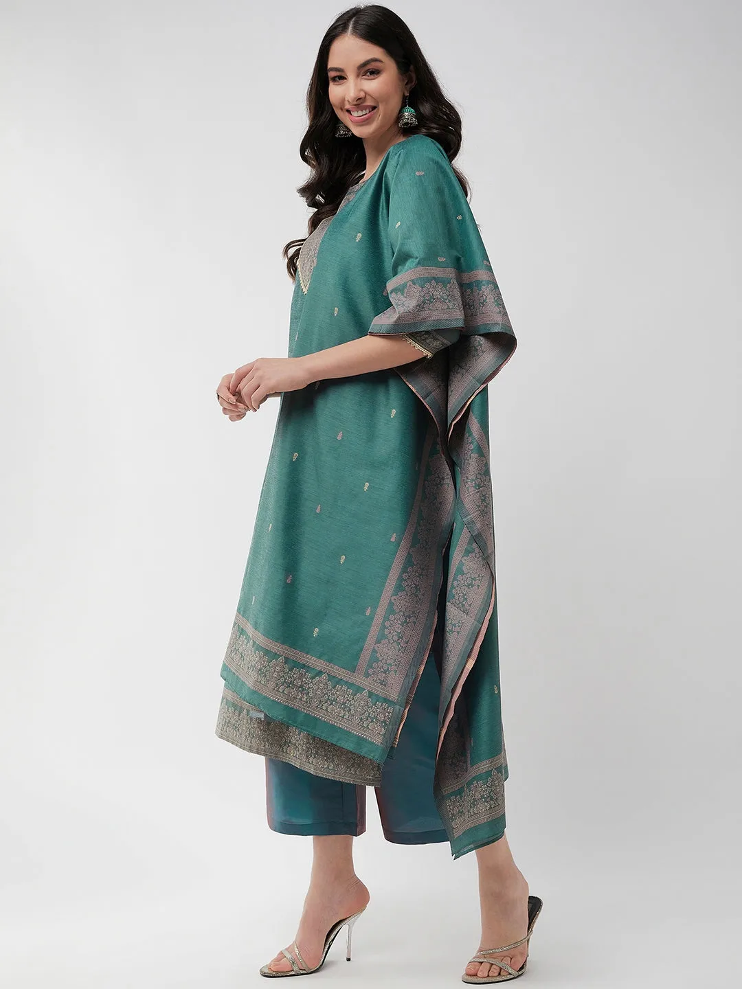 Festive Jacquard Neck Patch Kurta With Dupatta And Matching Pants