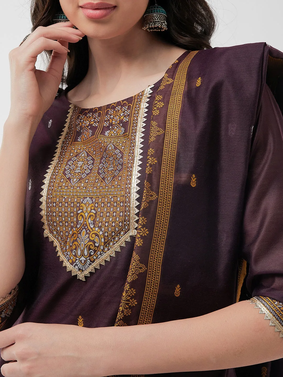 Festive Jacquard Neck Patch Kurta With Dupatta And Matching Pants