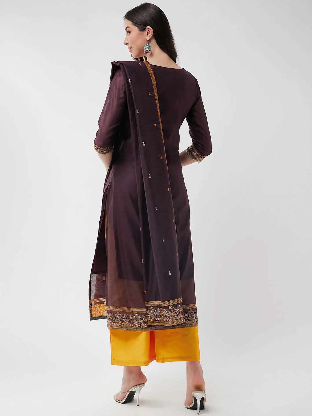 Festive Jacquard Neck Patch Kurta With Dupatta And Matching Pants