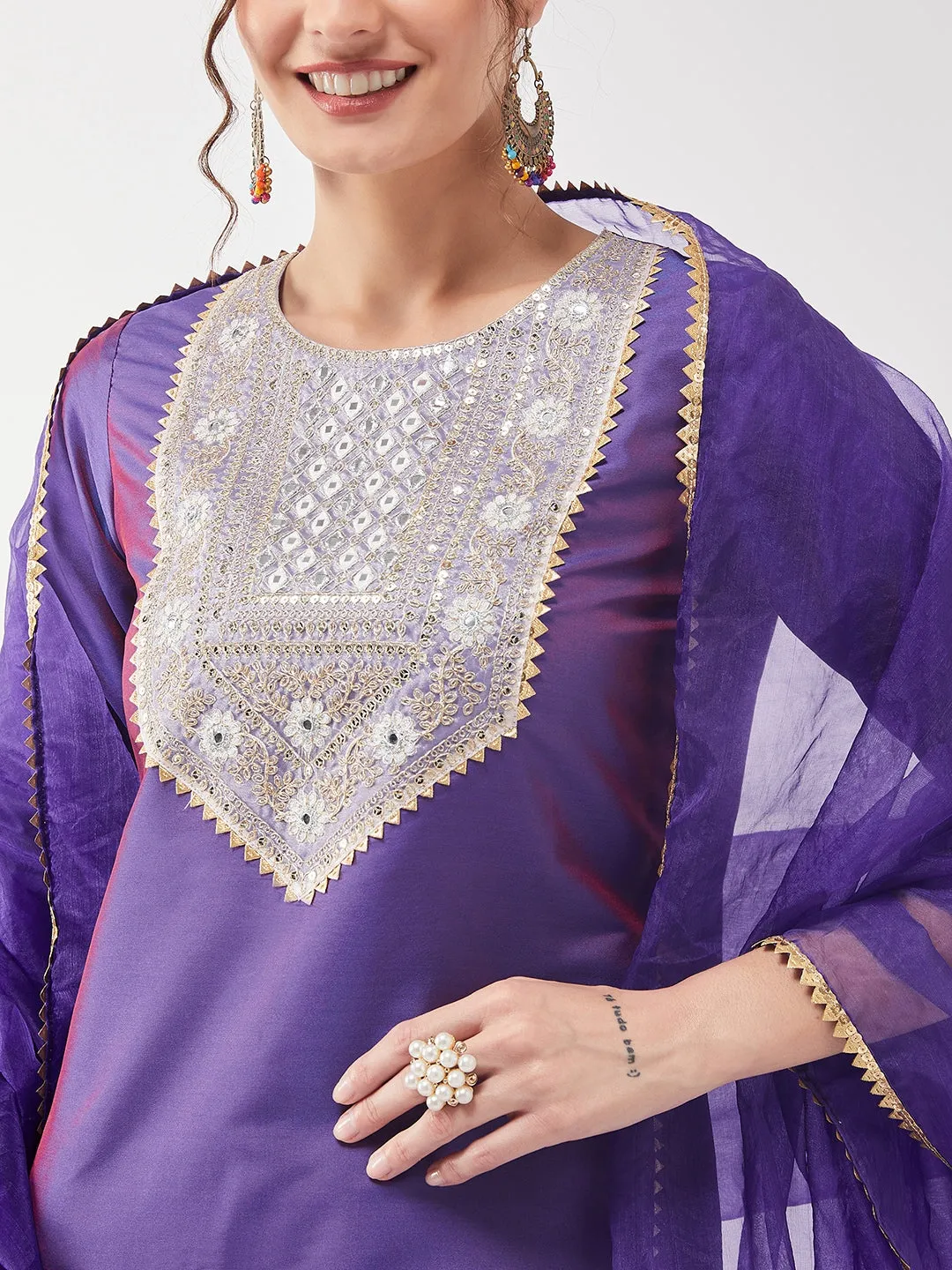 Festive Solid Lace Detailed Kurta With Matching Dupatta And Pant Set