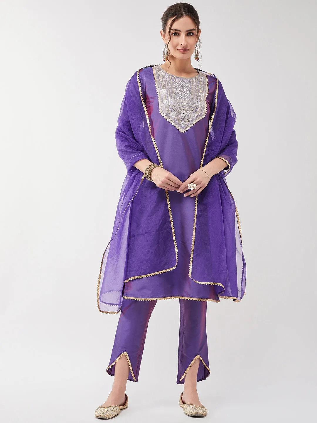 Festive Solid Lace Detailed Kurta With Matching Dupatta And Pant Set