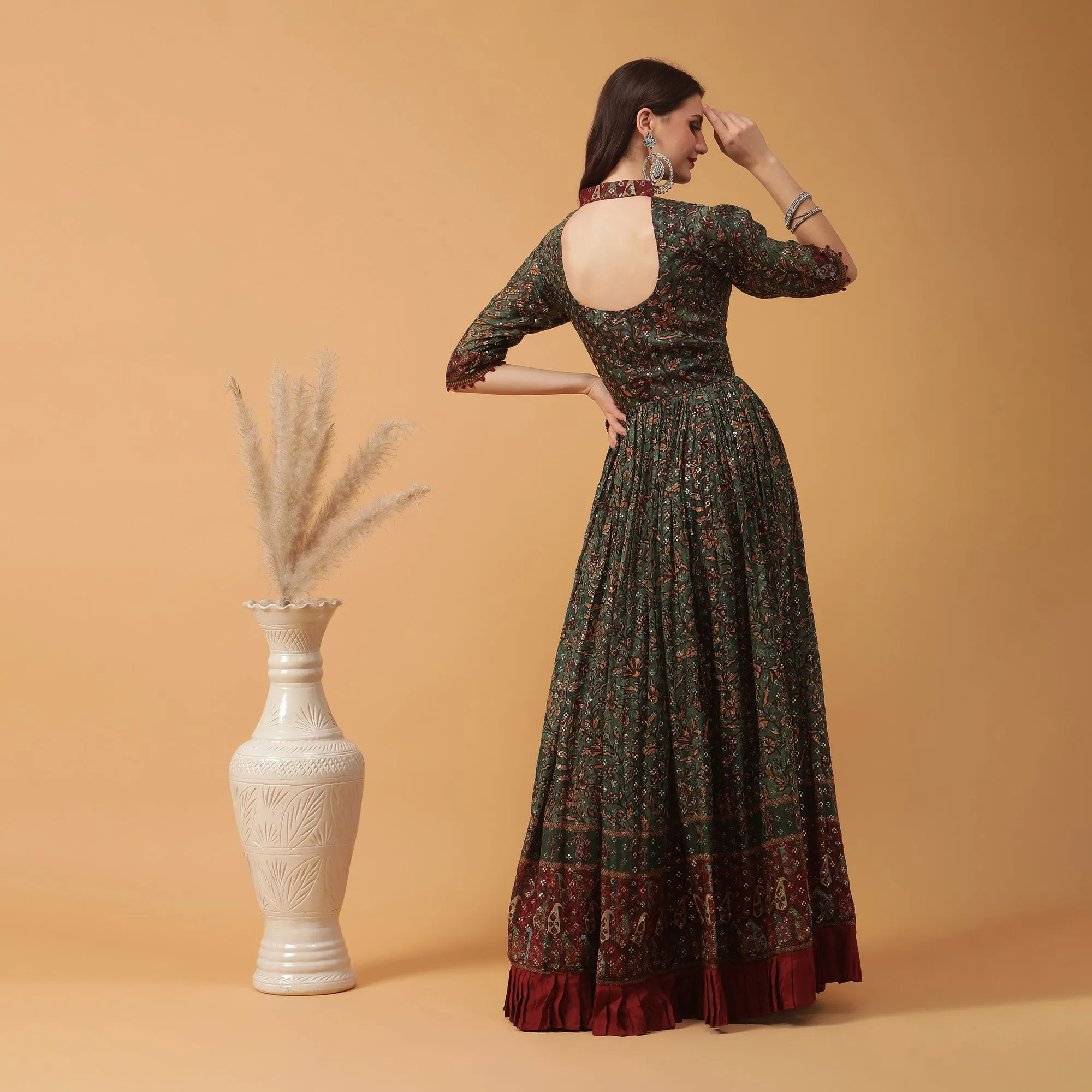 Pannkh Luxe Green All Over Printed Anarkali Gown