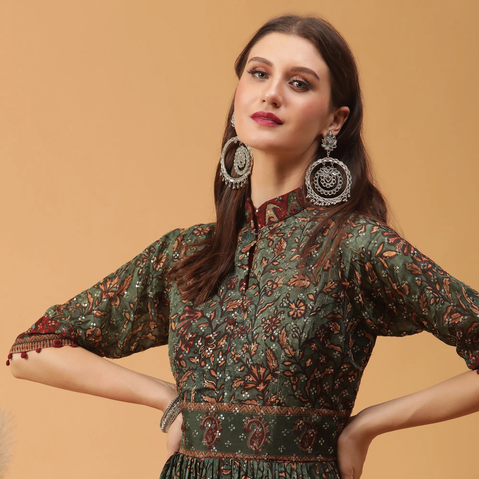 Pannkh Luxe Green All Over Printed Anarkali Gown