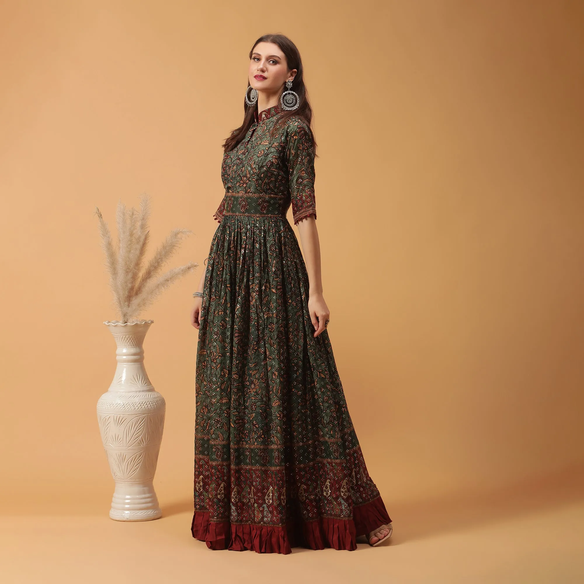 Pannkh Luxe Green All Over Printed Anarkali Gown