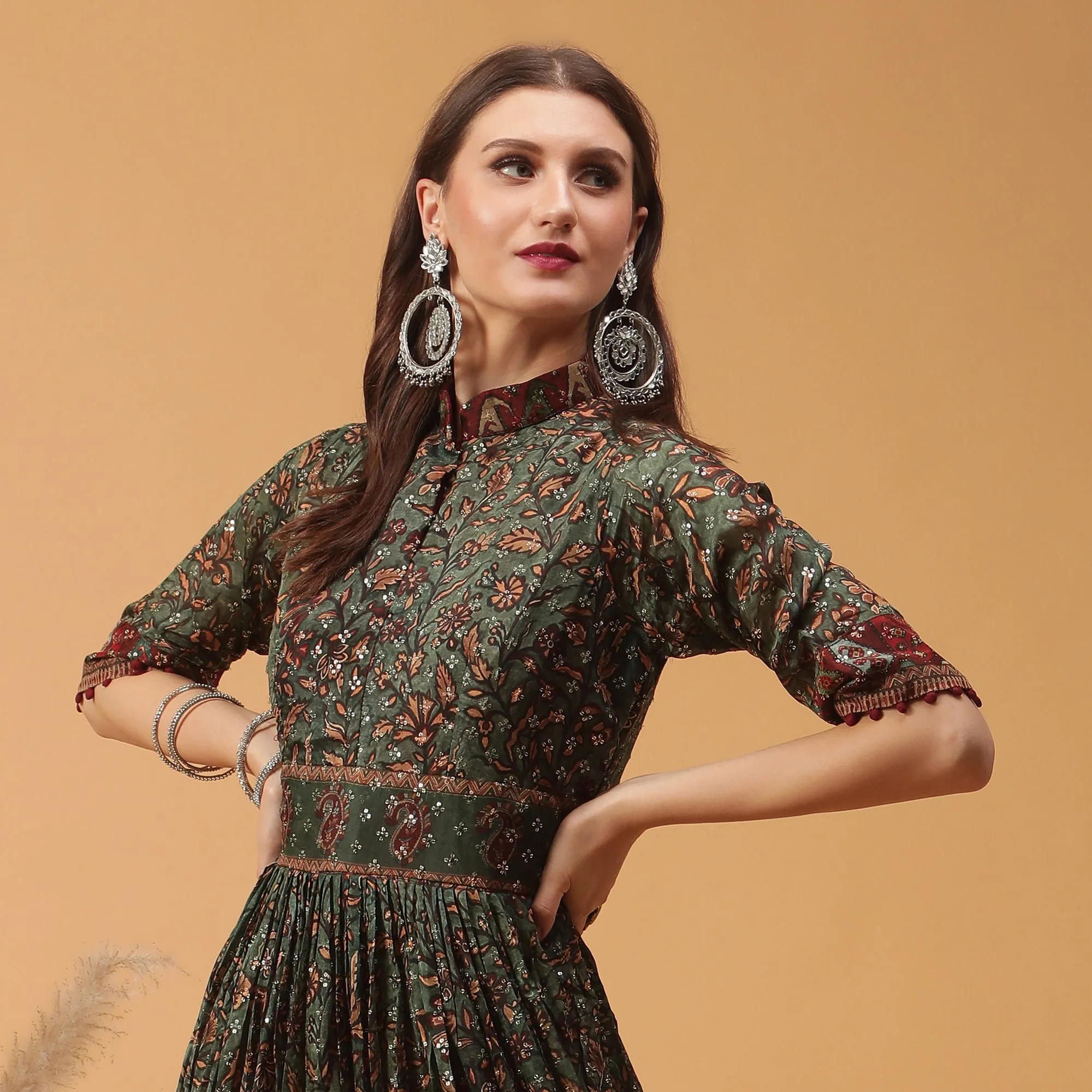 Pannkh Luxe Green All Over Printed Anarkali Gown