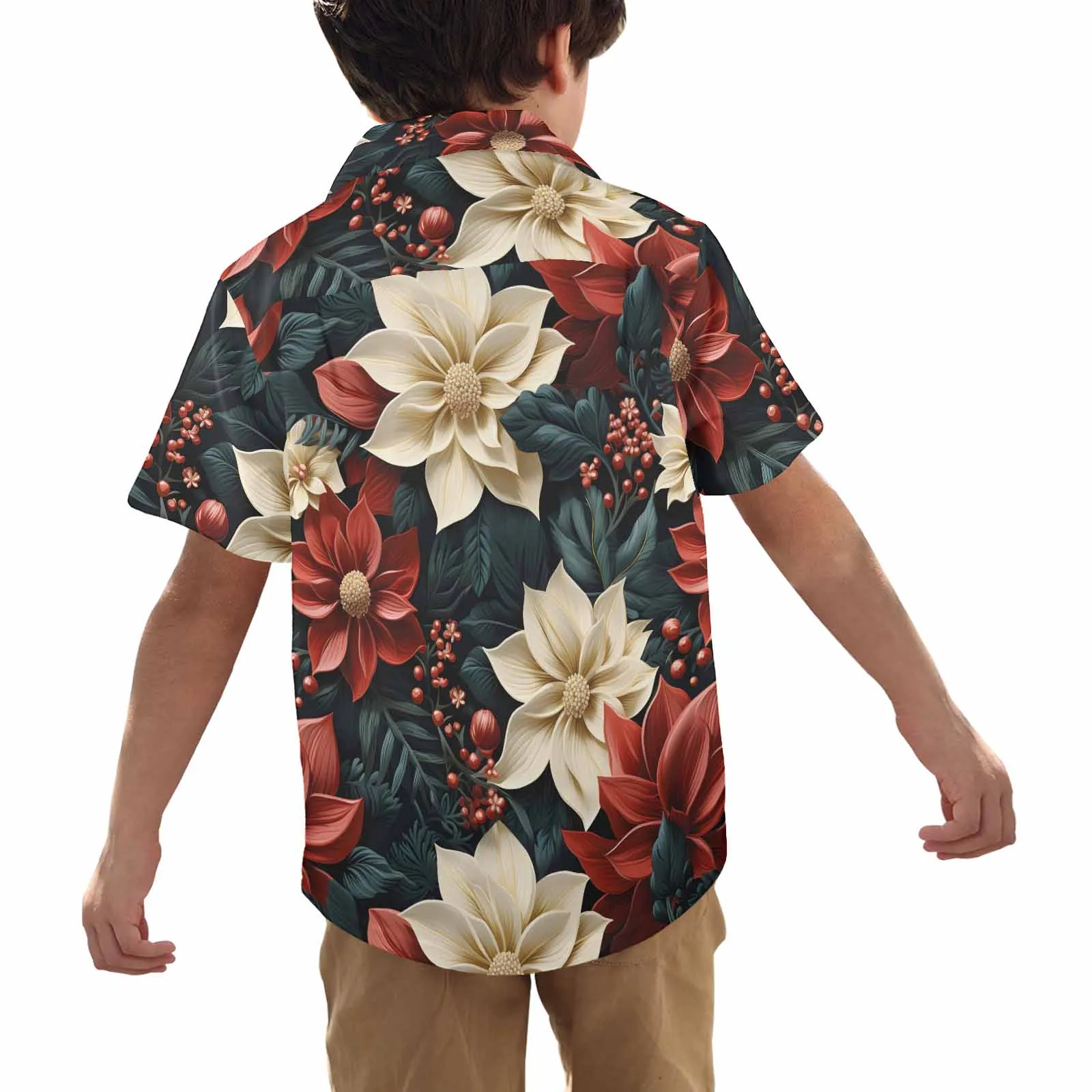 Red Poinsettia  Little Boys Hawaiian Shirt